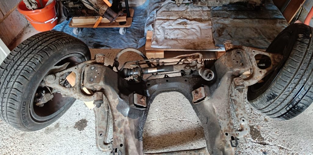 Image of front subframe ready for the final donor parts to be removed.