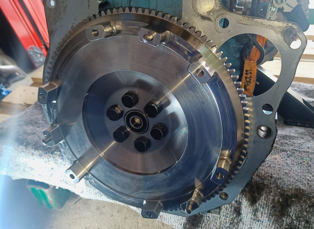 Image of newly installed replacement lightened flywheel.
